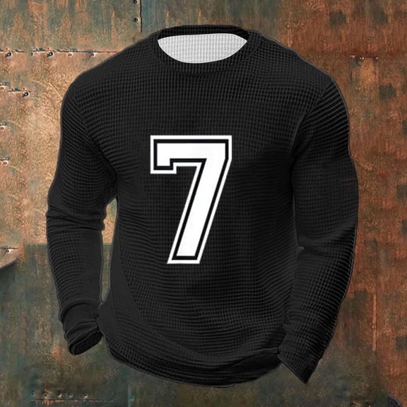 Donemore Men's Elastic Waffle Knit Long Sleeve Round Neck Top with Print for Fitness and Home Loungewear