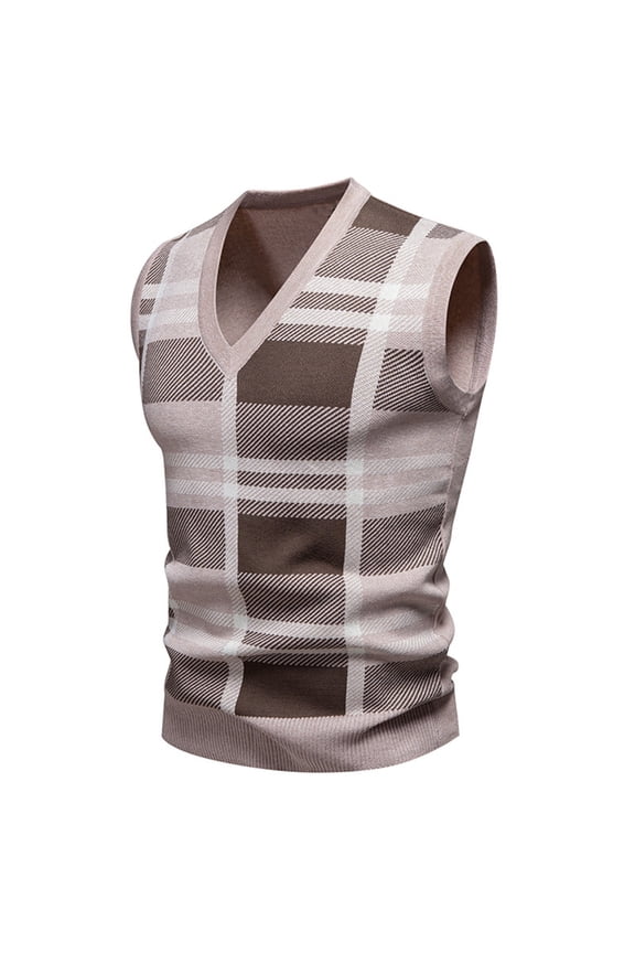 Men's Fashion Check Print Sleeveless V-Neck Pullover Knit Vest, Casual Business Versatile Trendy Design, Breathable Comfortable Knit Waistcoat