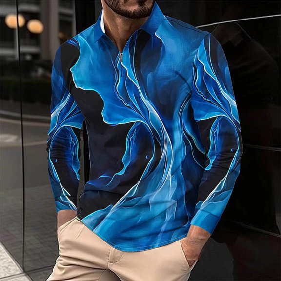 Donemore Men's Fashion Contrast Color Striped Half - Zip Polo Shirt, Long - Sleeve Casual & Business Top, Multi - Color Printed Trendy Design, Comfortable & Versatile Men's Clothing