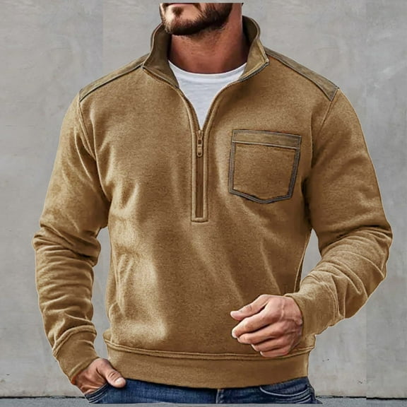 Donemore Men's Fashion Half-Zip Pocket Pullover Sweatshirt Long Sleeve Solid Color Stand Collar Casual Top Simple Versatile Trendy Design Men's Clothing