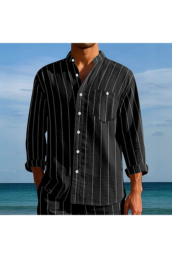 Men's Fashion Long Sleeve Stand Collar Striped Print Shirt Breathable Fabric Multi-Pocket Design Casual Business Urban Style Men's Clothing
