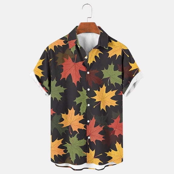 Donemore Men's Fashion Orange Maple Leaf Festival Print Short Sleeve Button-Up Cardigan Shirt Casual Business Style Fall Outfit Multi-Color Trendy Design Comfortable Versatile Men's Clothing