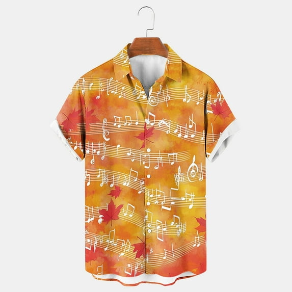 Donemore Men's Fashion Orange Maple Leaf Festival Print Short Sleeve Button-Up Cardigan Shirt Casual Business Style Fall Outfit Multi-Color Trendy Design Comfortable Versatile Men's Clothing