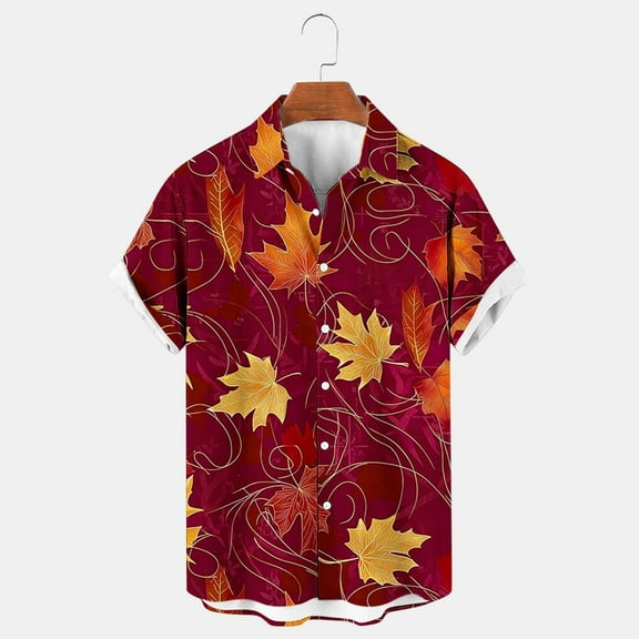 Donemore Men's Fashion Orange Maple Leaf Festival Print Short Sleeve Button-Up Cardigan Shirt Casual Business Style Fall Outfit Multi-Color Trendy Design Comfortable Versatile Men's Clothing