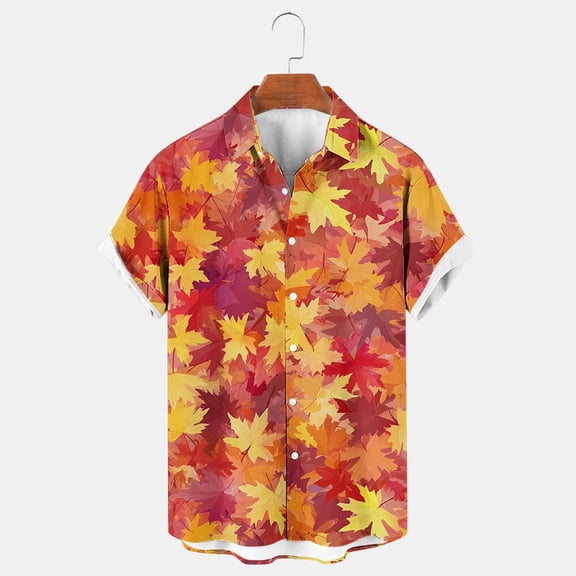 Donemore Men's Fashion Orange Maple Leaf Festival Print Short Sleeve Button-Up Cardigan Shirt Casual Business Style Fall Outfit Multi-Color Trendy Design Comfortable Versatile Men's Clothing