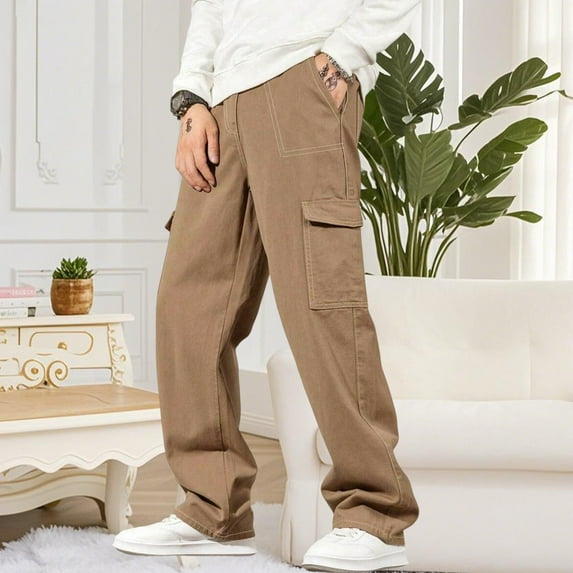 Donemore Men's Fashion Solid Color Casual Multi-Pocket Cargo Pants Straight Loose Fit Urban Trendy Style Durable Versatile Men's Wear