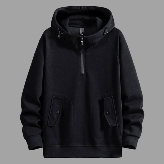 Donemore Men's Fashion Solid Color Half-Zip Hooded Raglan Pocket Sweatshirt Jacket Long Sleeve Casual Versatile Trendy Men's Clothing