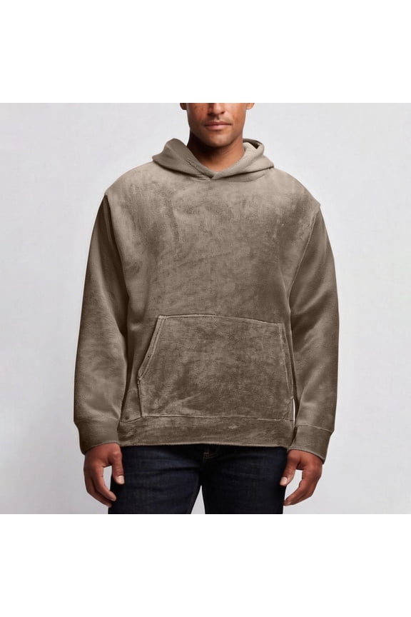 Men's Fashion Solid Color Long Sleeve Hooded Coral Fleece Sweatshirt with Drawstring Pockets Casual Comfortable Warm Upper Wear Trendy Versatile Men's Clothing Design