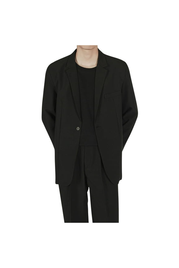 Men's Fashion Solid Color Notched Lapel Shoulder Padded Suit Jacket with Long Sleeves, Fluid Drape Back Slit Pockets for Business Casual Commuting Style