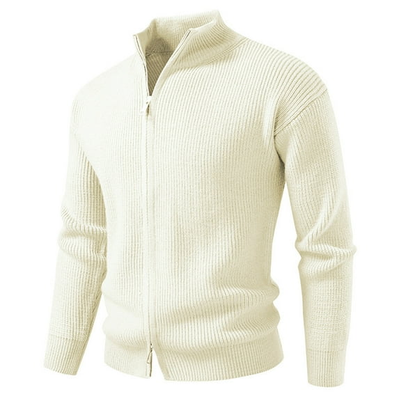 Donemore Men's Fashion Solid Color Stand Collar Dual Zipper Cardigan Sweater Coat Long Sleeve Casual Business Versatile Design