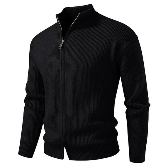 Donemore Men's Fashion Solid Color Stand Collar Dual Zipper Cardigan Sweater Coat Long Sleeve Casual Business Versatile Design