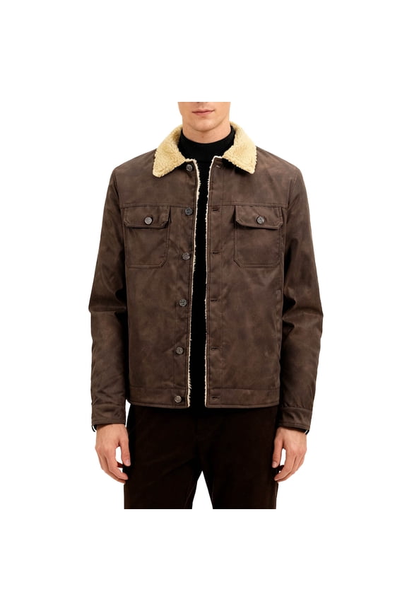 Men's Faux Sherpa-Lined Faux Leather Jacket Stand-Up Collar Chest Pockets Button-Front Vintage-Modern Workwear Style