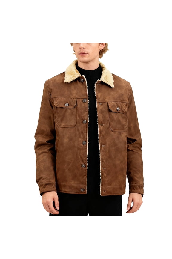 Men's Faux Sherpa-Lined Faux Leather Jacket Stand-Up Collar Chest Pockets Button-Front Vintage-Modern Workwear Style