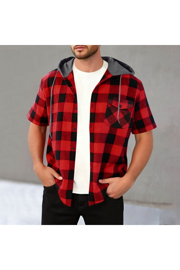 Men's Flannel Hoodie Jacket Button-Down Flannel Shirt with Drawstrings & Chest Pockets Casual Fashion Short Sleeve for Men