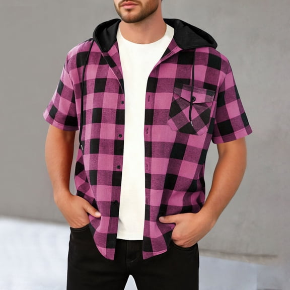 Donemore Men's Flannel Hoodie Jacket Button-Down Flannel Shirt with Drawstrings & Chest Pockets Casual Fashion Short Sleeve for Men