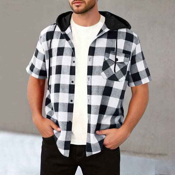 Donemore Men's Flannel Hoodie Jacket Button-Down Flannel Shirt with Drawstrings & Chest Pockets Casual Fashion Short Sleeve for Men