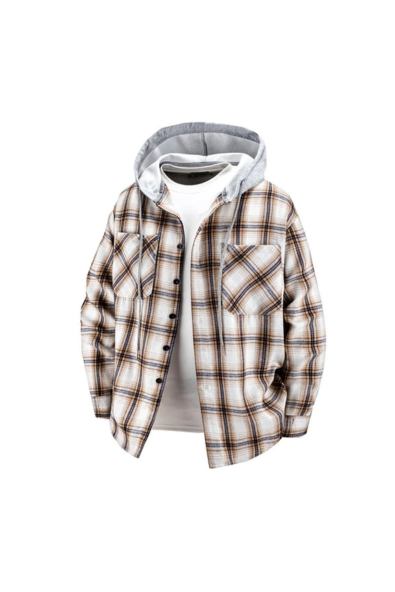 Men's Flannel Hoodie Jacket Button-Down Flannel Shirt with Drawstrings & Chest Pockets Casual Fashion Long Sleeve for Men