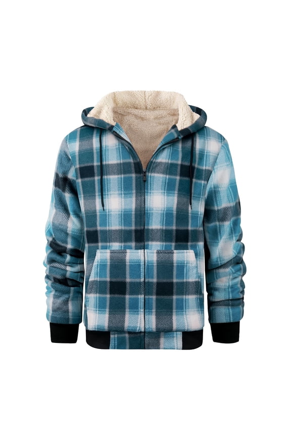 Men's Flannel Lined Jacket Grid Pattern Fleece Lining Casual Winter Coat with Warm Insulation