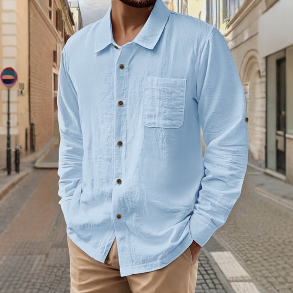 Donemore Men's Flax Linen Shirt Breathable Long Sleeve Button Down Collar Solid Color Casual Button Up Pocket Top