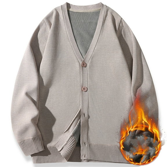Donemore Men's Fleece Lined Cardigan Jacket Solid Color V-Neck Breasted Pocket Casual Warm Coat for Winter Spring