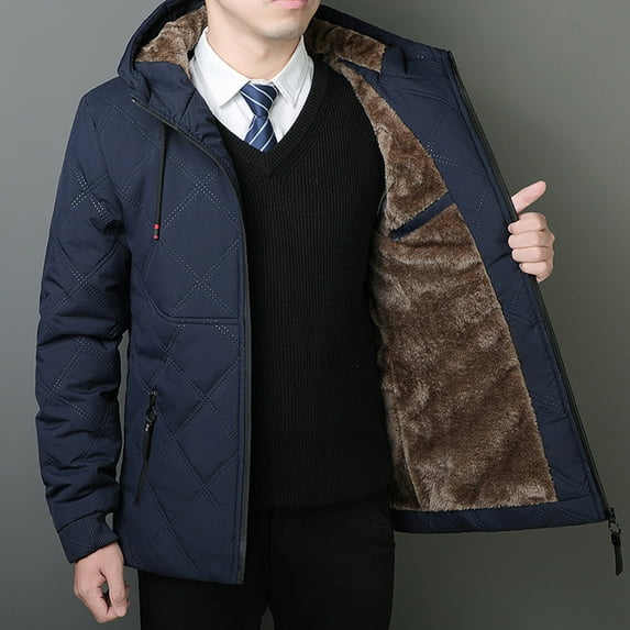Donemore Men's Fleece-Lined Hooded Jacket Wind-Resistant Solid Color Zippered Pockets Casual Thermal Winter Coat