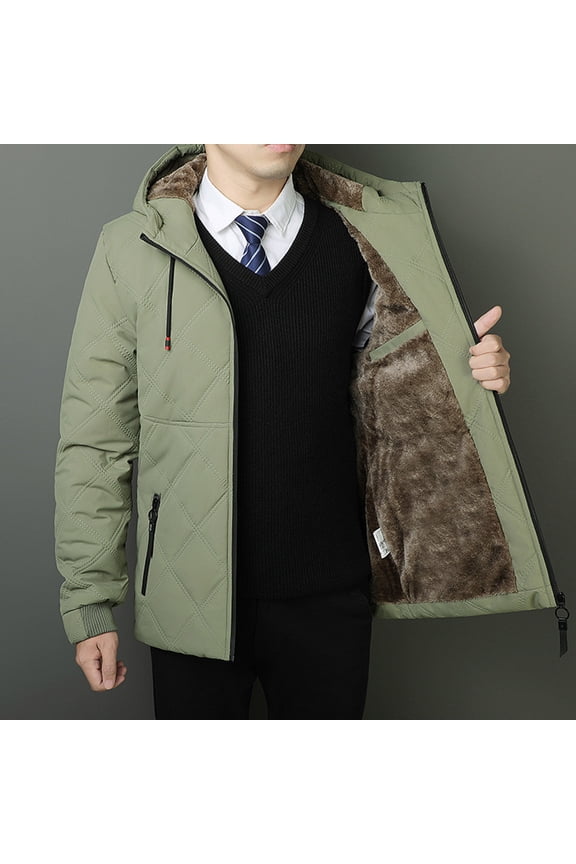 Men's Fleece-Lined Hooded Jacket Wind-Resistant Solid Color Zippered Pockets Casual Thermal Winter Coat