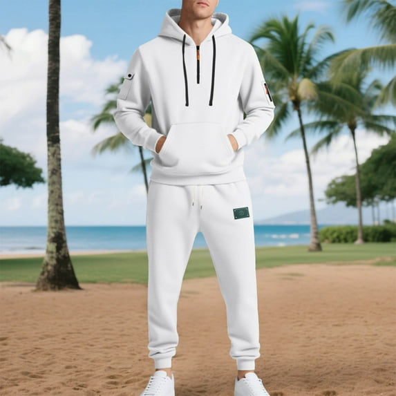 Donemore Men's Fleece-Lined Hooded Pullover Workwear Two-Piece Tracksuit Set with Multiple Pockets Long Sleeve Pants and Casual Jacket Combo for Daily Wear Outdoor Activities