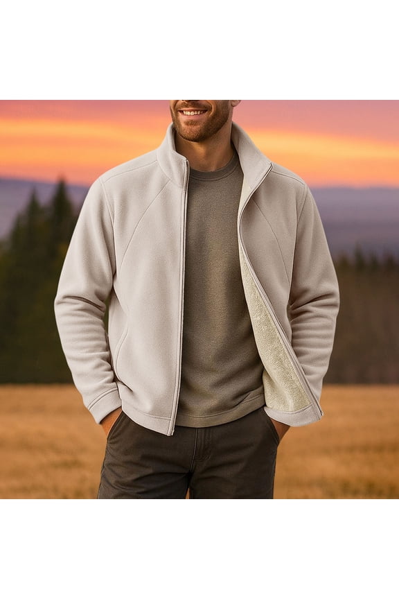 Men's Fleece Lined Jacket Loose Fit Outdoor Pockets Zipper Front Long Sleeve Winter Warm Coat