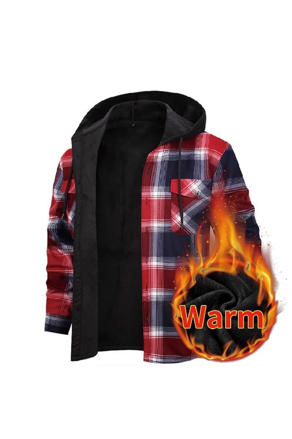 Men's Fleece-Lined Plaid Hooded Shirt Jacket with Pockets, Warm Long Sleeve Casual Outerwear for Winter Outdoor