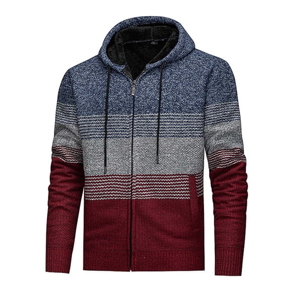 Donemore Men's Fleece-Lined Thickened Striped Elastic Knit Sweater Hooded Cardigan Jacket with Pockets & Drawstrings