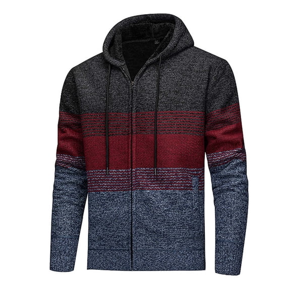 Donemore Men's Fleece-Lined Thickened Striped Elastic Knit Sweater Hooded Cardigan Jacket with Pockets & Drawstrings