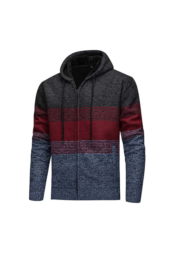 Men's Fleece-Lined Thickened Striped Elastic Knit Sweater Hooded Cardigan Jacket with Pockets & Drawstrings
