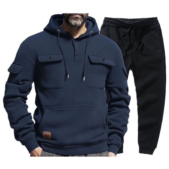 Donemore Men's Fleece Sweatshirt And Pants Set With Buttons Hooded Sweatshirt Small Footrest Solid Color Casual Men's Long Sleeved Hooded Set