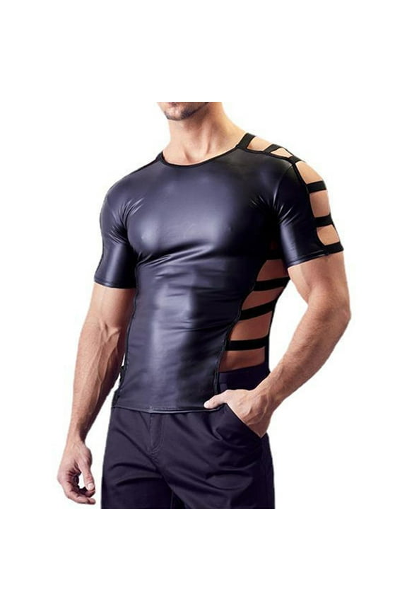 Men's Glossy Leather Short Sleeve Round Neck Shirt Trendy Casual Stylish Design Slim Fit Jacket for Various Occasions