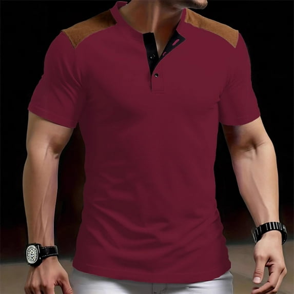 Donemore Men's Half-Button Stand Collar Color Block Short Sleeve T-Shirt | Breathable Casual Contrast Design Stylish Top