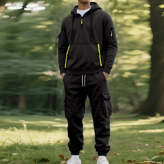 Donemore Men's Half-Zip Hooded Sweatshirt & Cargo Pants Set - Solid Color Casual Long Sleeve with Pockets, Workwear Style Daily Outfit Combo