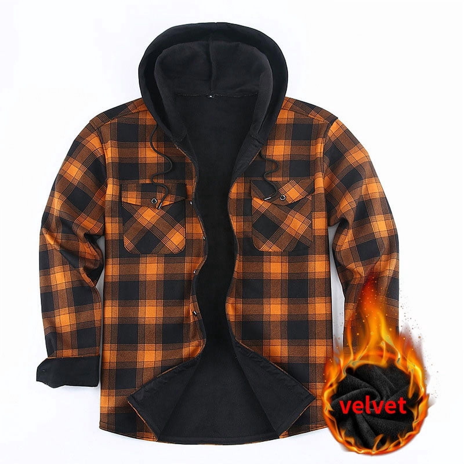 Donemore Men's Heavyweight Fleece-Lined Hooded Jacket Checkered Button-Up Design Long Sleeve Thermal Insulated Coat for Winter Sporty Casual Outerwear