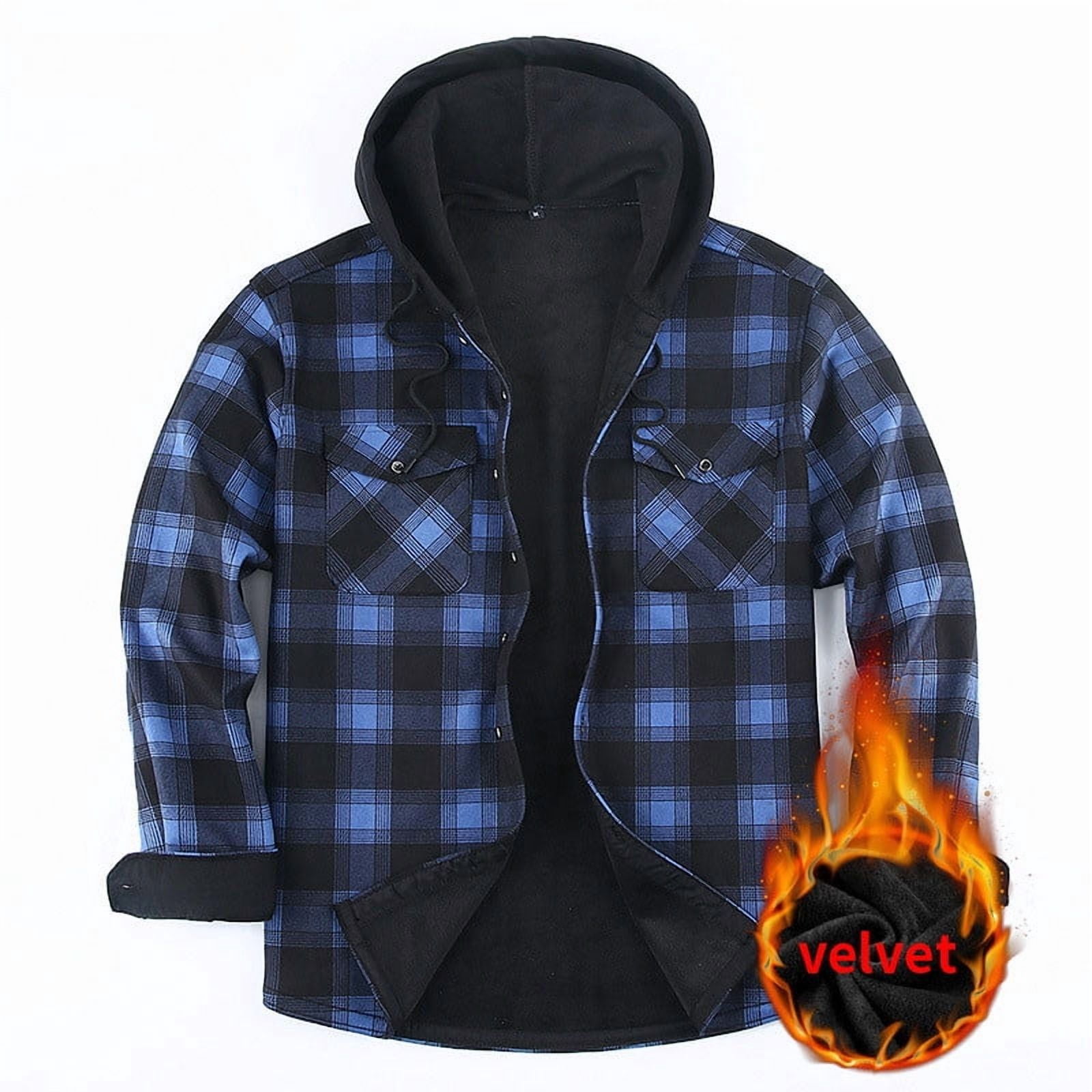 Donemore Men's Heavyweight Fleece-Lined Hooded Jacket Checkered Button-Up Design Long Sleeve Thermal Insulated Coat for Winter Sporty Casual Outerwear