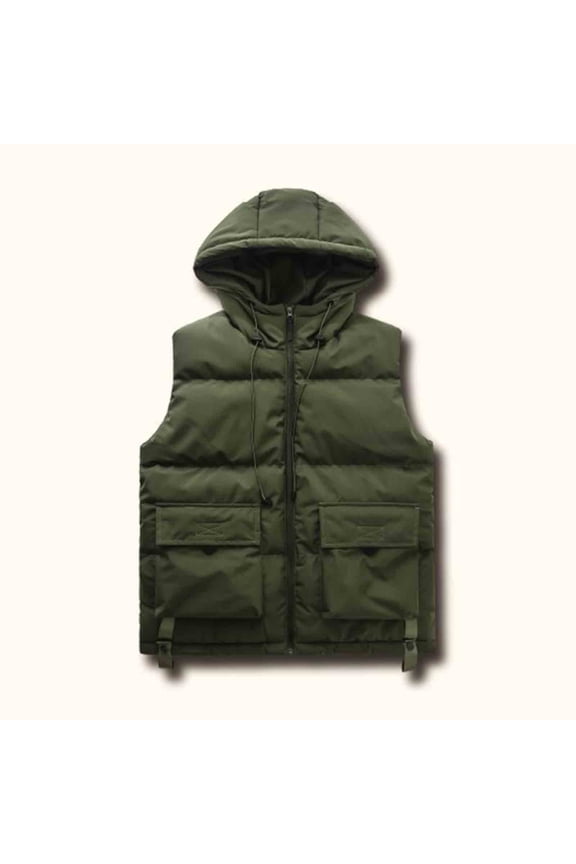 Men's Heavyweight Fleece-Lined Utility Sleeveless-Jacket Multi-Pocket Stand Collar Hooded Sleeveless Jacket for Outdoor Winter