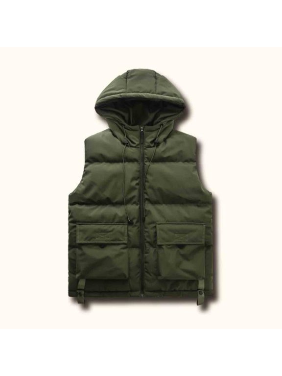 Men's Heavyweight Fleece-Lined Utility Sleeveless-Jacket Multi-Pocket Stand Collar Hooded Sleeveless Jacket for Outdoor Winter