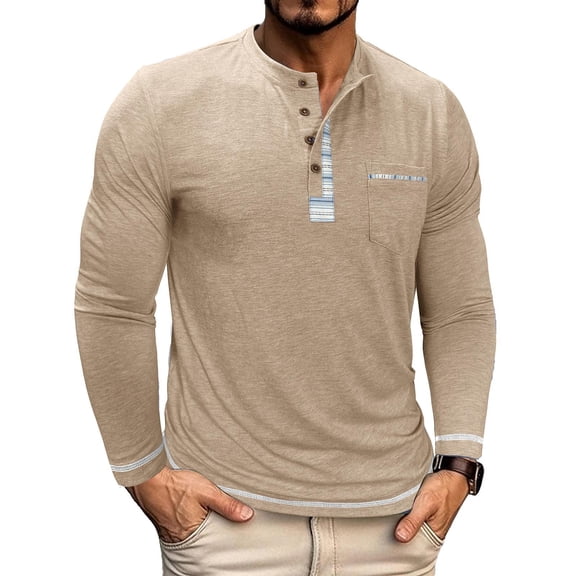 Donemore Men's Henley Shirt Long Sleeve Round Neck Half Button Front with Pocket Casual Shirt Solid Color