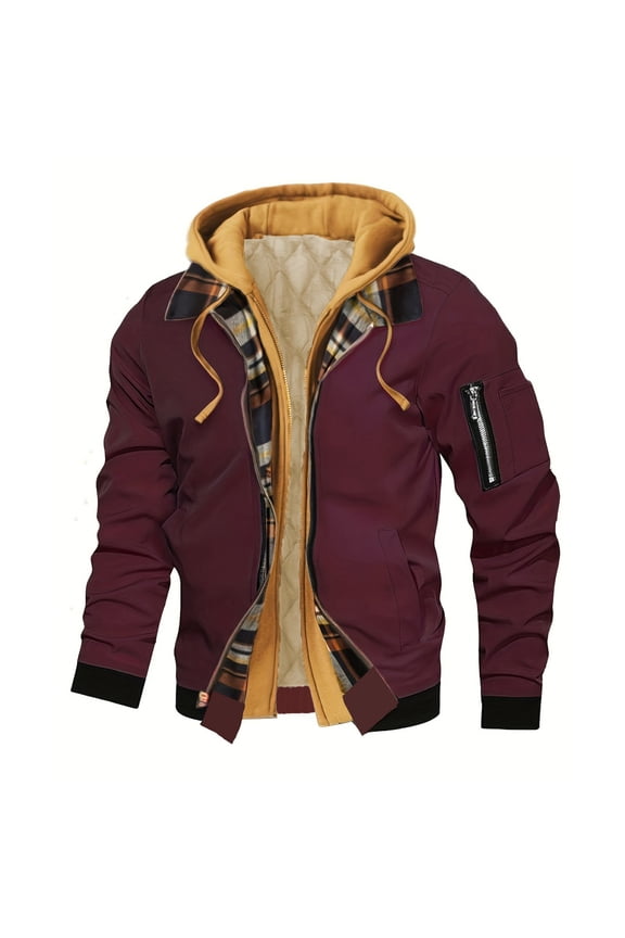 Men's Hooded Jacket Plaid Collar Faux Two-Piece Spliced With Pockets Fashion Mix-and-Match Style Overcoat