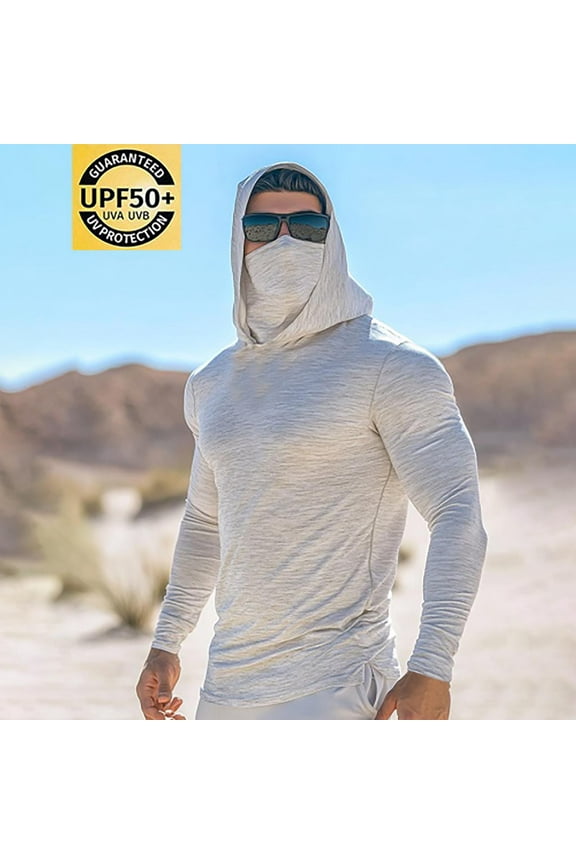 Men's Hooded Long-Sleeve Sun Protection Jacket with Face Cover Sleeve Design, Lightweight Breathable Fabric & UV Protection, Casual Minimalist Style