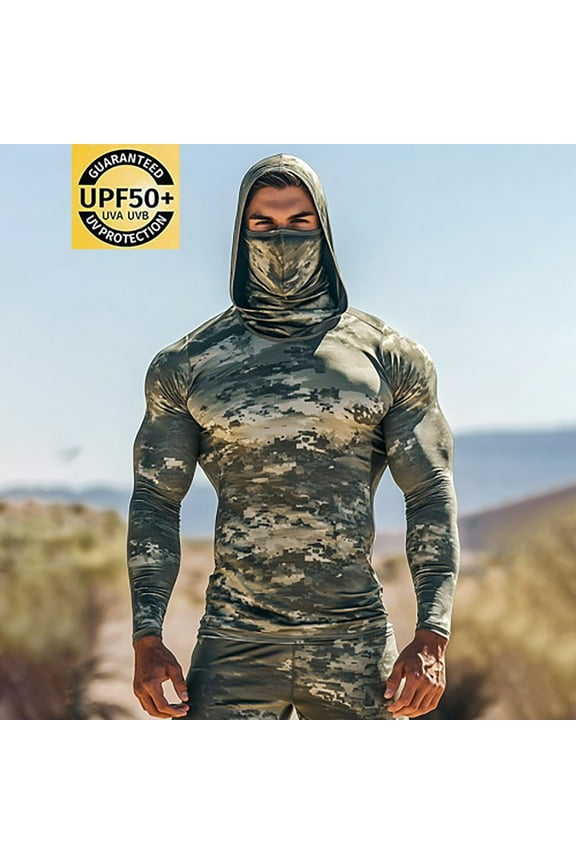 Men's Hooded Long-Sleeve Sun Protection Jacket with Face Cover Sleeve Design, Lightweight Breathable Fabric & UV Protection, Casual Minimalist Style