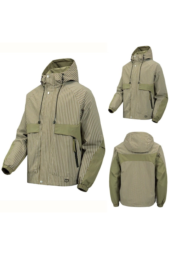 Men's Hooded Wind-Resistant Jacket with Striped & Patchwork Design Outdoor Casual Multi-Pocket Utility Coat