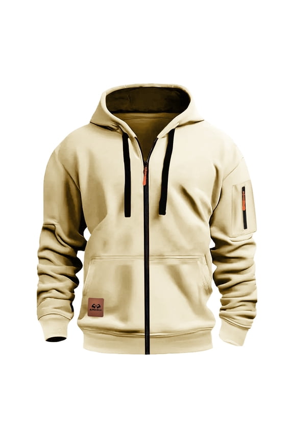 Men's Hooded Zip-Up Sweatshirt with Arm Pocket Casual Fashion Pullover Jacket