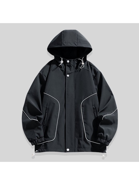Men's Hooded Zipper Pockets Long Sleeve Casual Quick-Dry Jacket Lightweight Solid Color Outdoor Sportswear Windbreaker Top