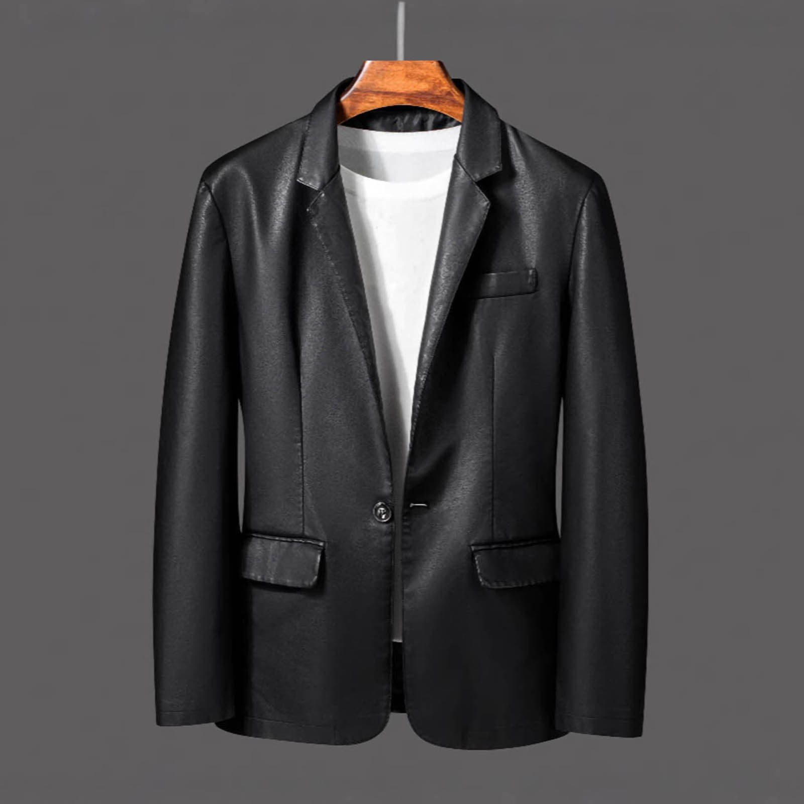 Donemore Men's Leather Blazer Jacket Solid Color Long Sleeve Business ...