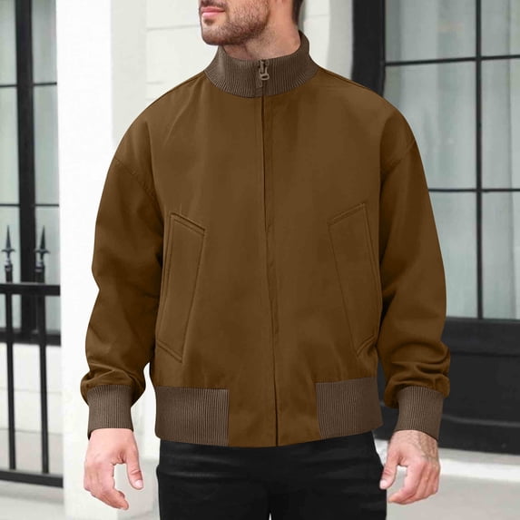 Donemore Men's Lightweight Outdoor Bomber Jacket Windbreaker with Zipper Pockets, Stand Collar, Long Sleeve Casual Coat