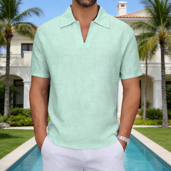 Donemore Men's Lightweight Short Sleeve V-Neck Striped Casual Shirt for Resort and Vacation Wear